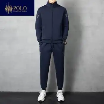 品牌运动套装男春秋开衫卫衣外套宽松加肥加大码休闲男装两件套深蓝l
