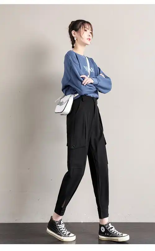 suntek女士休闲裤 suntek150矮小个子工装裤女显瘦高腰九分束脚裤155