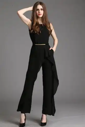 小主高档女装 时尚圆领无袖荷叶边麻纱修身连体裤 夏装女 y70019 黑色