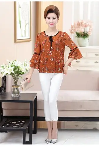 中老年女装t恤中长款宽松中年妇女雪纺上衣妈妈夏装短袖衬衫批发