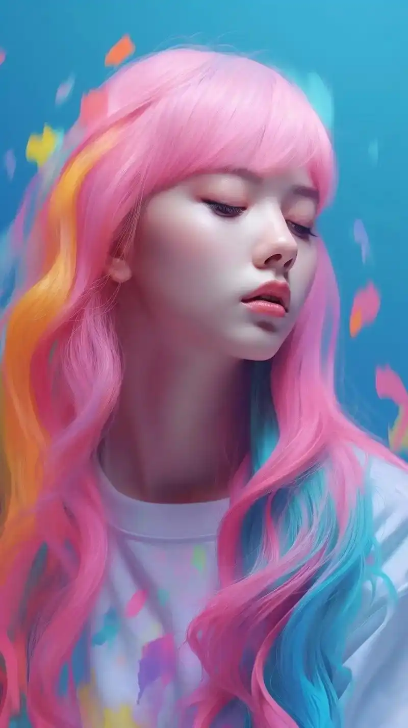 闭眼彩色头发.girl, 3d, bright color, - 抖音