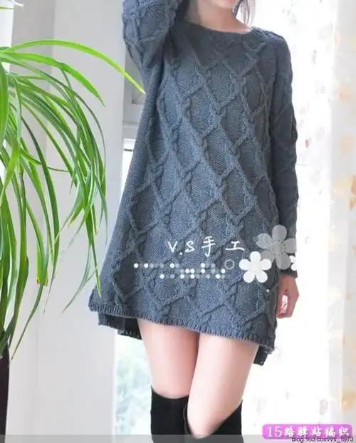 棒针编织菱形绞花长袖休闲毛衣裙花样图解 教程(vs手工)