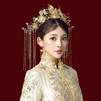 秀禾头饰新娘中式金色古风步摇流苏饰品结婚凤冠古装秀禾服发饰女
