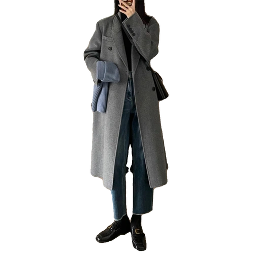 秋冬季复古高级感灰色显瘦双排扣小个子毛呢外套呢子大衣女中长款