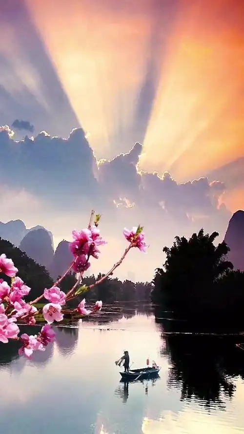 一山一水一云烟桃花嫣然三月天渔翁本是凡间客此时已是画中仙风景