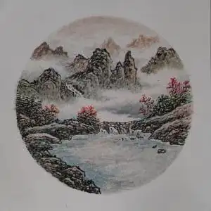 名家山水画 手绘真迹 水墨画 书画国画 字画 三尺圆面  50*50卡纸