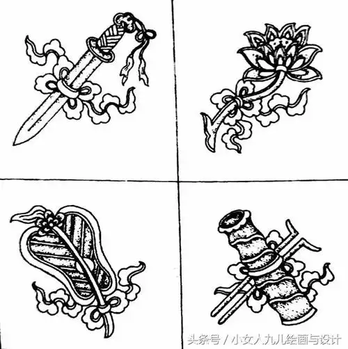 传统图样暗八仙及八吉祥图样线描素材