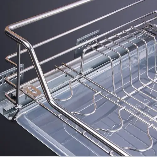 厨房橱柜拉篮304不锈钢单层缓冲抽屉式碗篮厨柜调味收纳碗架内置