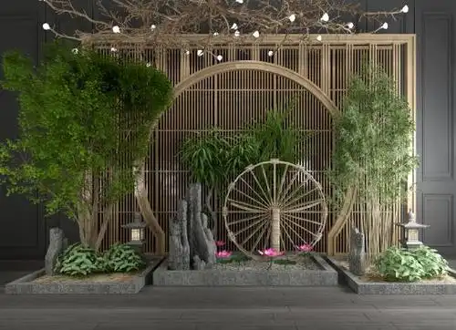 新中式背景墙吊灯树假山石头地灯荷花竹子组合 园林小品 景观园林