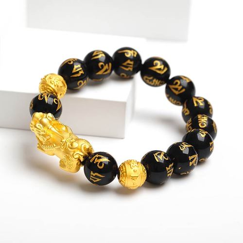 六字路路通皮丘硬金3d转运真言足金麒麟手链手饰