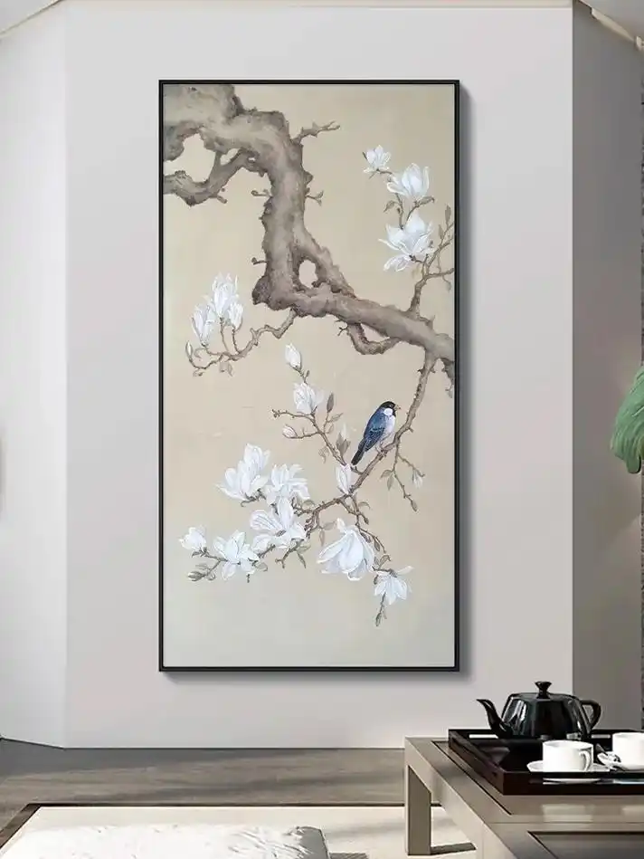 新中式喜上眉梢国风画客厅喜鹊动物装饰画玄关竖版花卉挂画#家居 - 抖