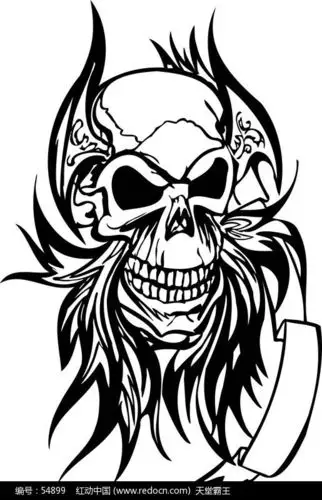 怪物骷髅头-黑白线描-057