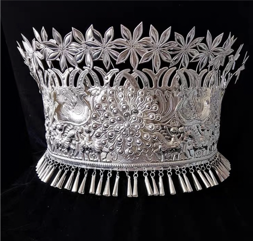 贵州少数民族苗族苗银头饰帽子项圈纯手工苗族银饰帽子演出服配饰