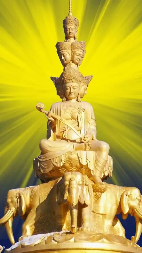 手拿如意,坐在象上的金身发光普贤菩萨像手机壁纸图片
