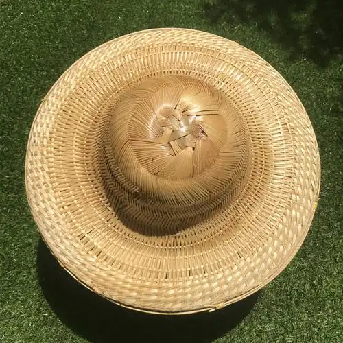 青衣麻相大圆帽手工竹编防雨草帽男钓鱼帽户外帽复古装饰表演帽子紫边