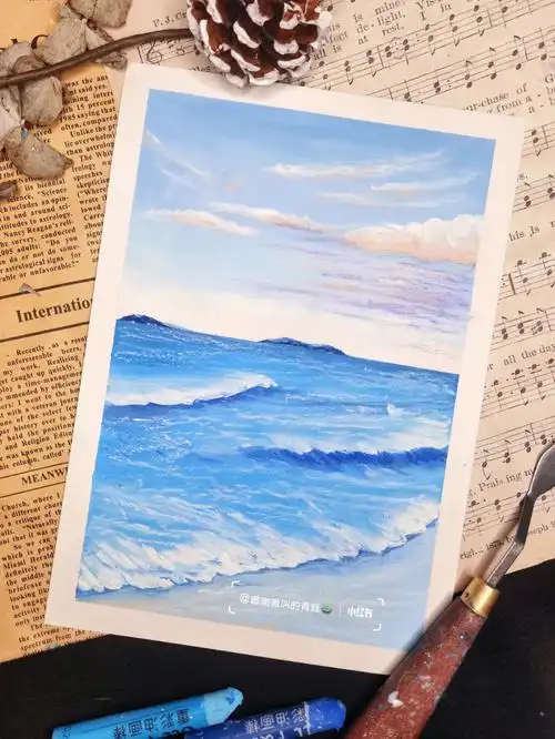 油画棒清晨的大海附详细色号过程零基础