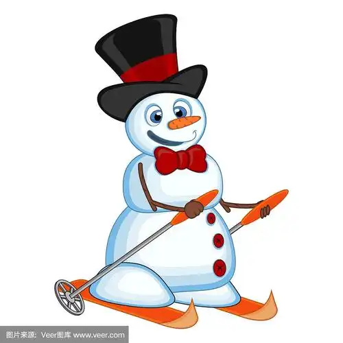 戴着帽子和领结的雪人是滑雪为您的设计矢量插图