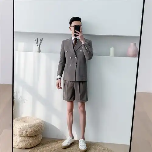 韩国春夏新品男士时尚薄款西装套装修身韩版青年西服短裤两件套潮