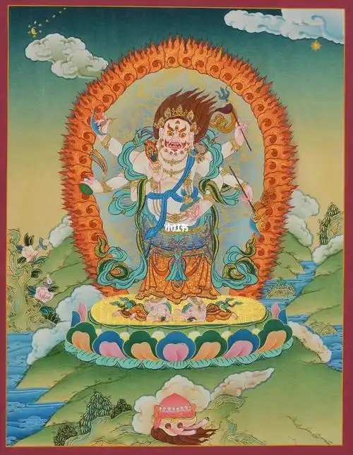 小年份白六臂大黑天·玛哈嘎拉唐卡,24k纯金描金,宝塔唐卡学院绘制