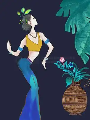 人物月影下的汉服少女原创矢量插画民族特色插画傣族少女城市说云南