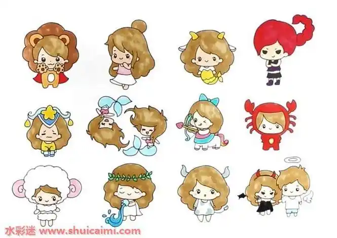 12星座简笔画卡通少女用马克笔画