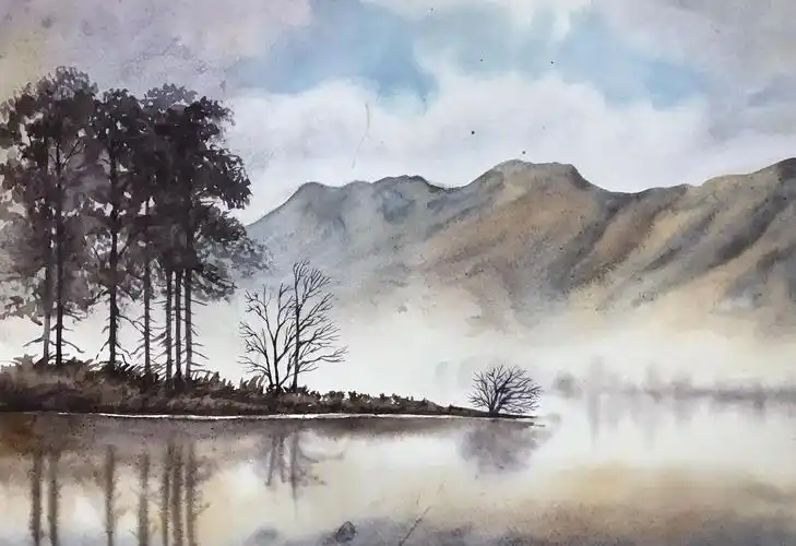 水彩风景画31山色空朦雾重重