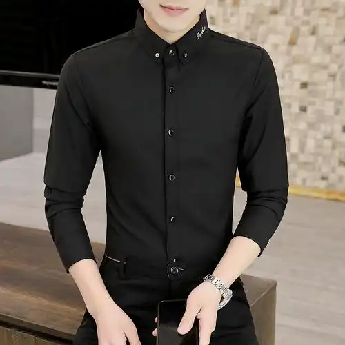 衬衫长袖男士休闲上衣黑色衬衣西装打底修身衬衫