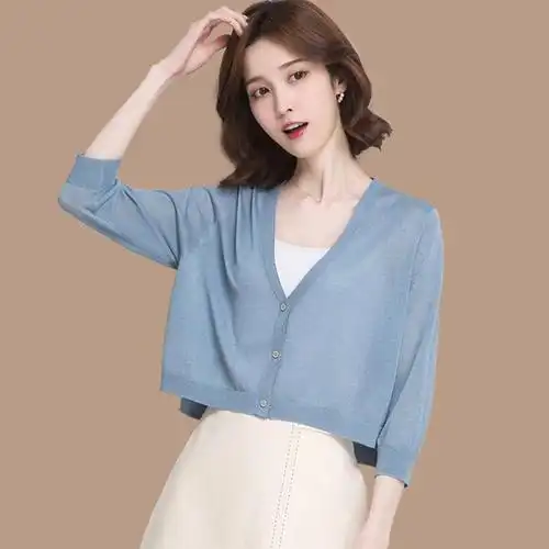 夏季新款小开衫披肩外套女冰丝针织衫开衫短款薄宽松防晒衫空调衫