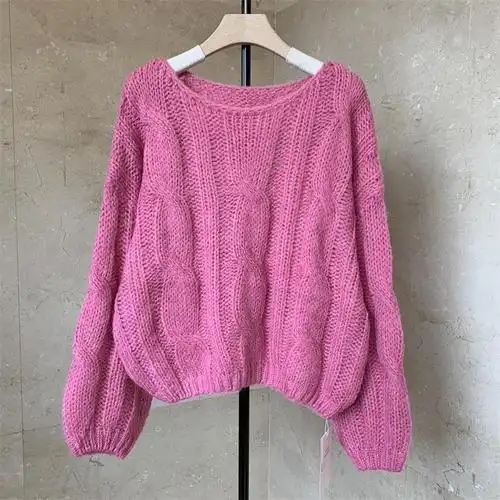 秋冬季圆领粗织麻花毛线衫宽松短款针织衫纯色套头长袖毛衣女