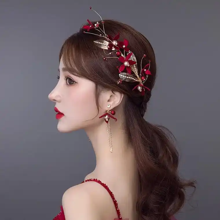 新娘红色花朵发带发饰气质时尚头饰.#新娘头饰 #新娘跟妆 # - 抖音