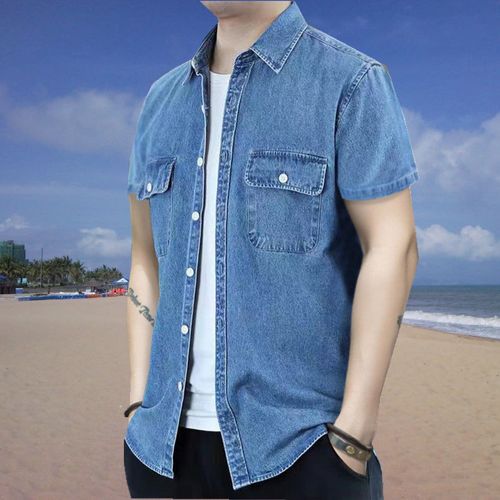 抒融男士夏季短袖外套软牛仔衬衣宽松大码男装半袖衬衫夏天上衣衬衫潮