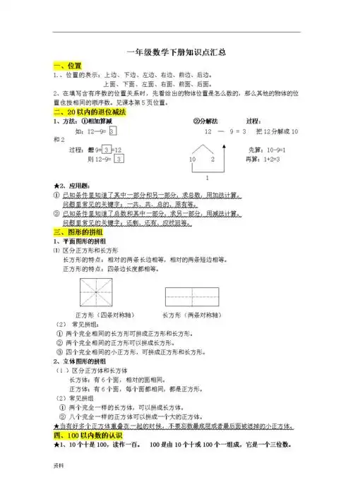 一年级数学下册的知识点总结.doc