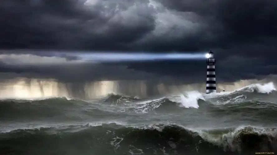 灯塔,倾盆大雨,海