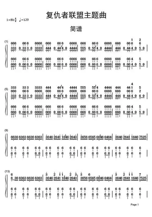 复仇者联盟主题曲简谱乐谱