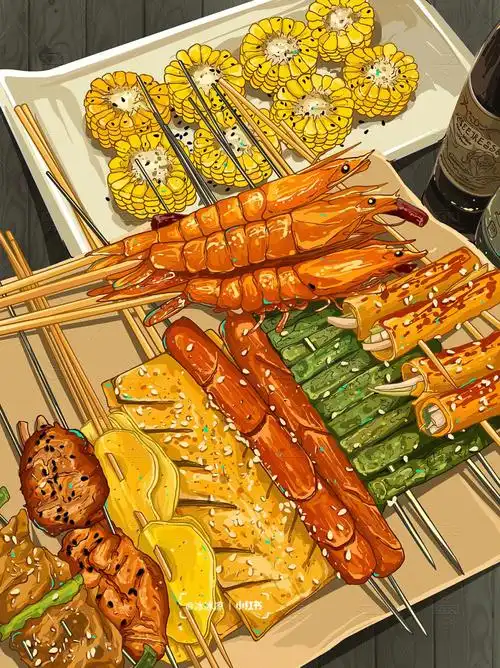 ipad日系插画烧烤撸串美食插画