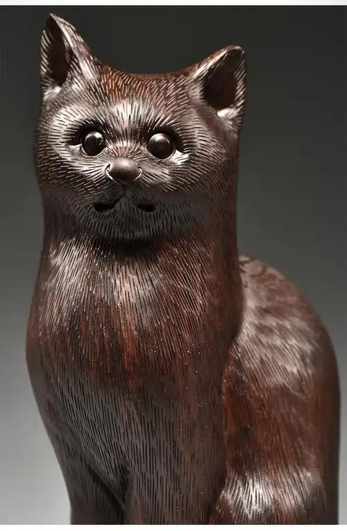 杞记木雕猫摆件吉祥动物可爱小猫红木家居装饰实木工艺品开业送礼精雕