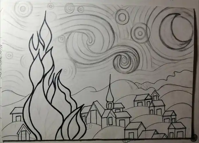 用线描来画梵高的星空,感觉也很美.