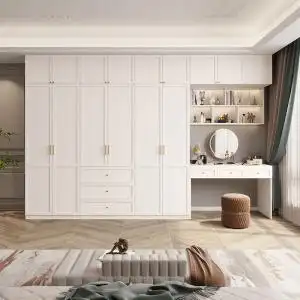 法式奶油风大衣柜化妆桌梳妆台一体家用卧室书桌组合衣橱轻奢定制