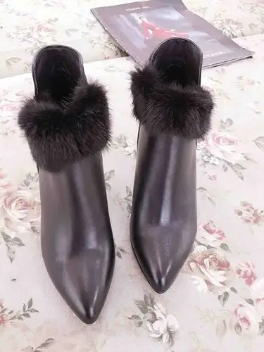 银淘节卡迪高2015冬季新款牛皮鞋口水貂毛女细跟高跟女鞋女短靴161e