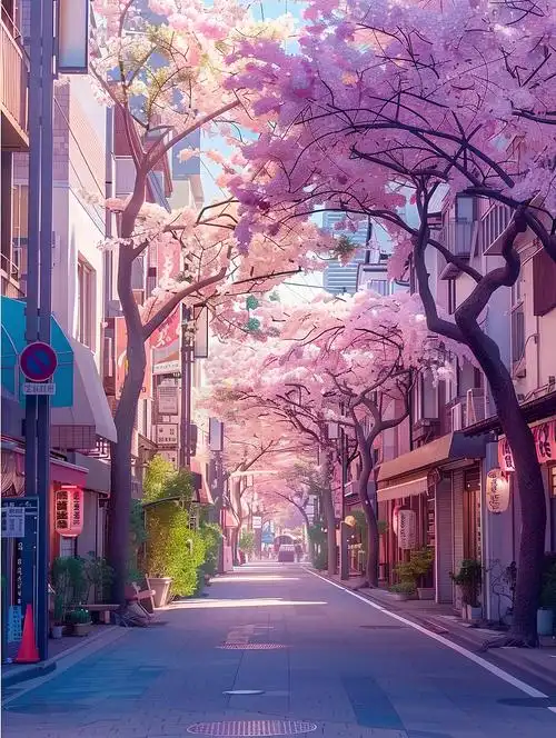 樱花盛开的街景插画高清图片