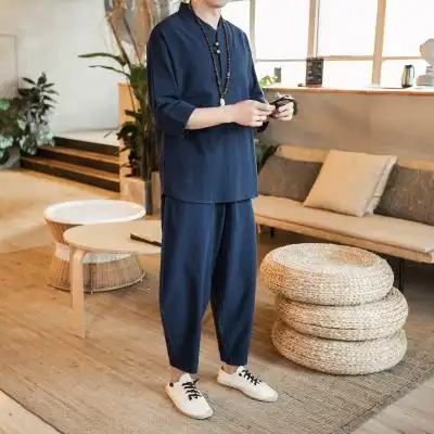 夏季亚麻套装男士个性一套帅气衣服七分袖t恤男短袖新款男装