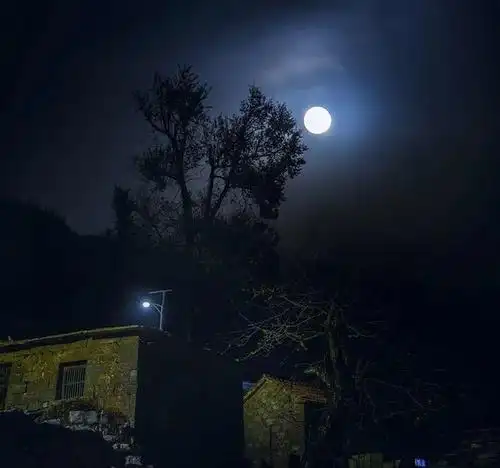 当我细细品味《乡村夜色》时,山村的两间石头房,圆月树梢挂,淡云慢飘