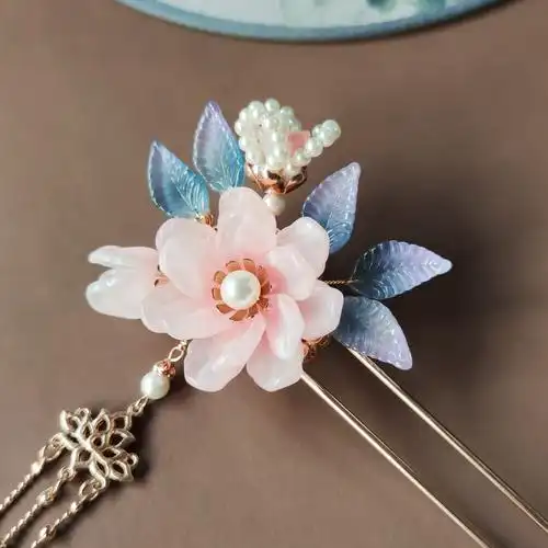 手工制作汉服发簪古风头饰古装配饰保色铜琉璃粉色花朵流苏发钗