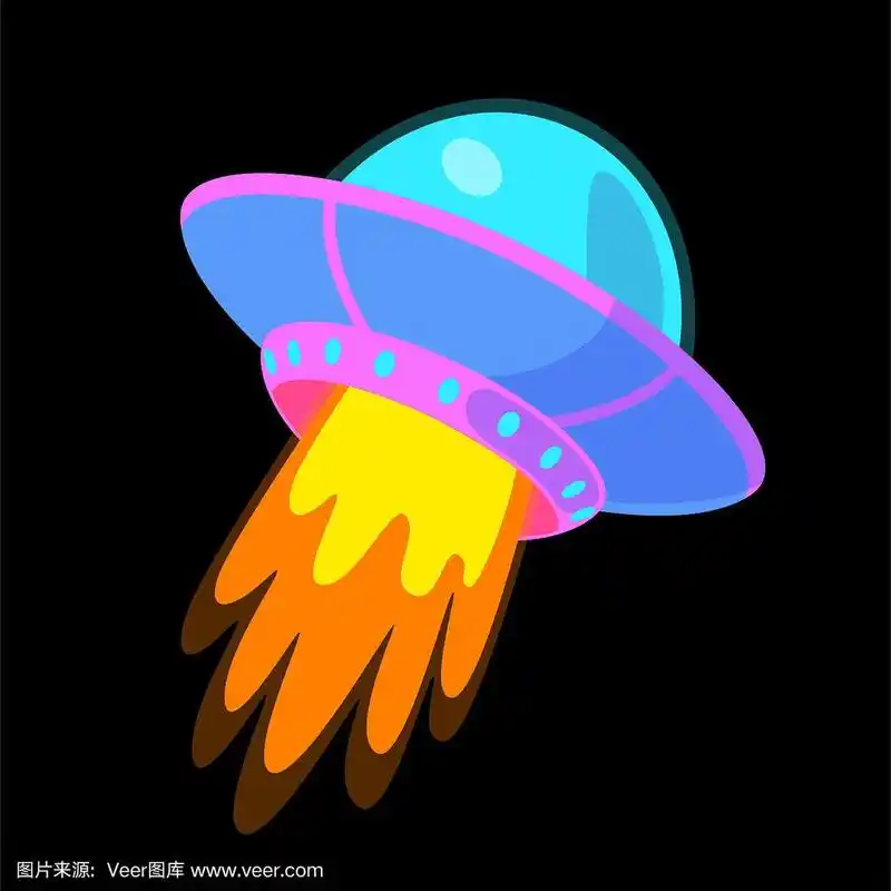 幻想飞碟卡通贴纸.ufo矢量彩色插图.幼稚的飞船孤立在黑色背景上.