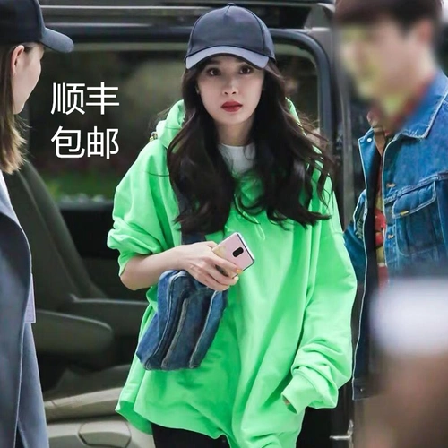 杨幂绿色同款we11done卫衣welldone女中长款宽松韩版潮慵懒风连帽