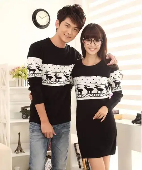 秋冬新款情侣装毛衣小鹿图案中长款针织衫韩