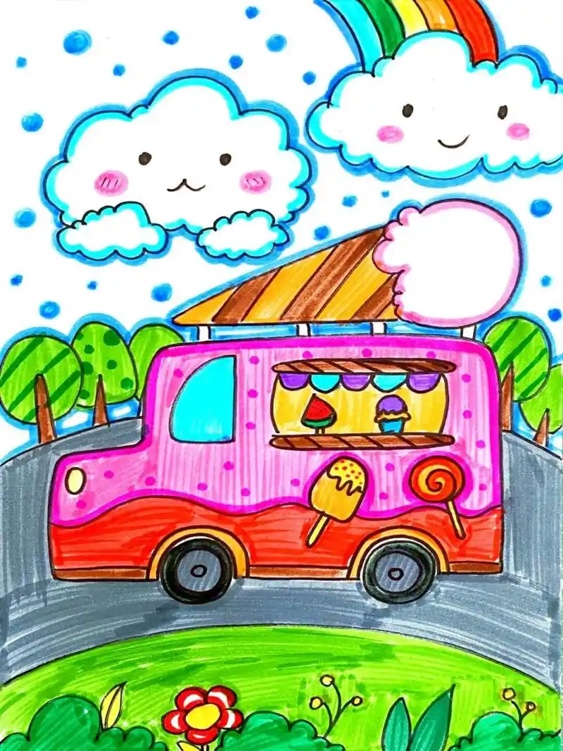 冰淇淋车儿童画 #马克笔# #卡通画# #儿童画# #创意儿童画# #汽车儿童