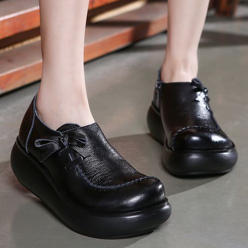 牛皮女鞋子复古厚底松糕坡跟单鞋春秋真皮中老年妈妈皮鞋闰月鞋夏