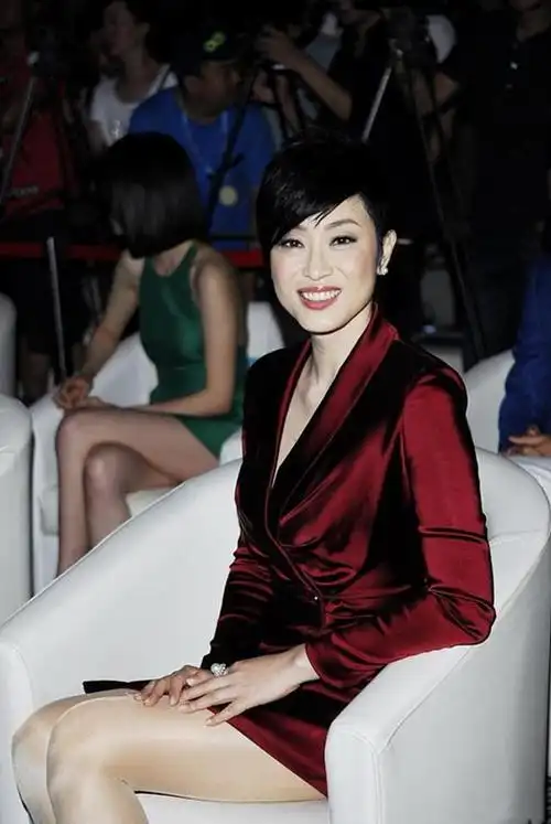 陈法蓉54岁了但气质依然高级身穿酒红色缎面西装裙减龄时髦