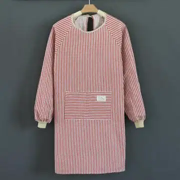 长袖反穿罩衣防水防油工作服大人定制棉麻长袖围裙红色条纹默认版本